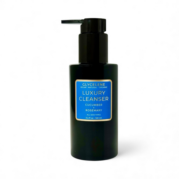 Black bottle of Glycclene Luxury Cleanser with a blue label on a white background