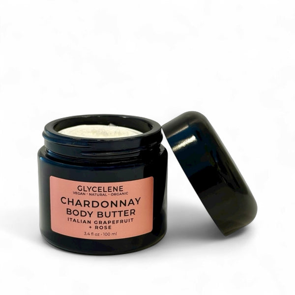 Jar of Glyceleene Chardonnay body butter with a pink label on a white background