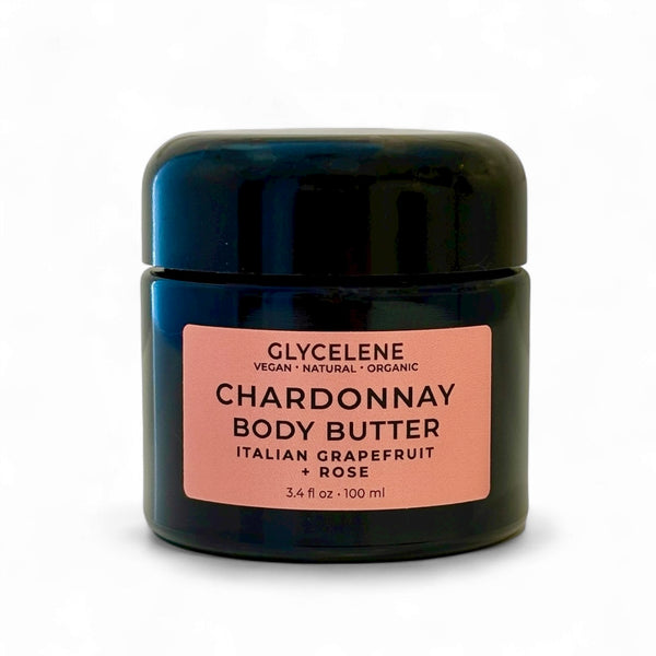 Jar of Glycelene Chardonnay Body Butter with a pink label on a white background