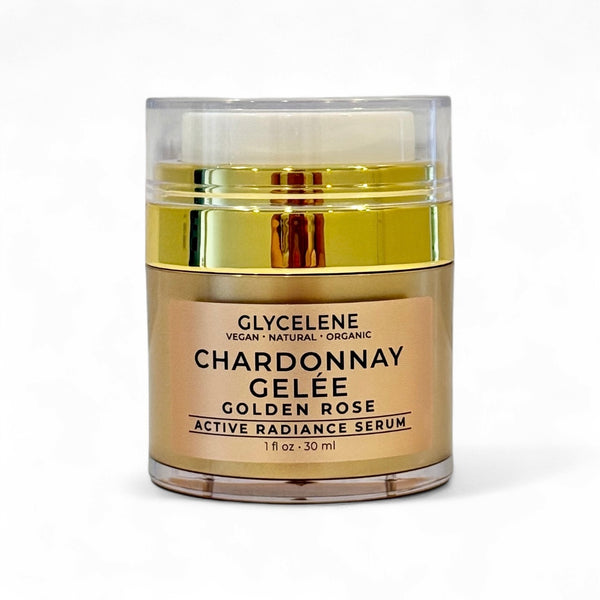 Glycelene Chardonnay Gelee Golden Rose serum jar on a white background
