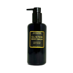 Black bottle of Glisten Body Balm with a pump on a white background