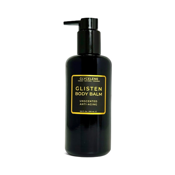 Black bottle of Glisten Body Balm with a pump on a white background