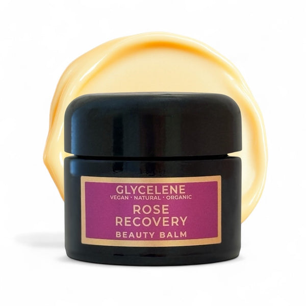 Glycelene Rose Recovery Beauty Balm jar with a pink label on a white background