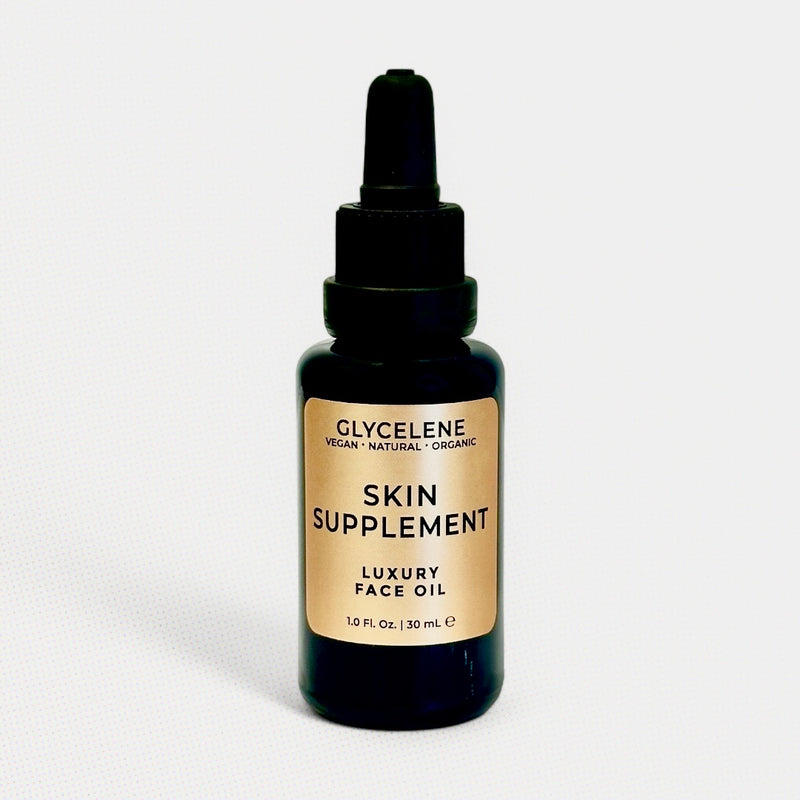Bottle of Glycelelene skin supplement luxury face oil on a white background